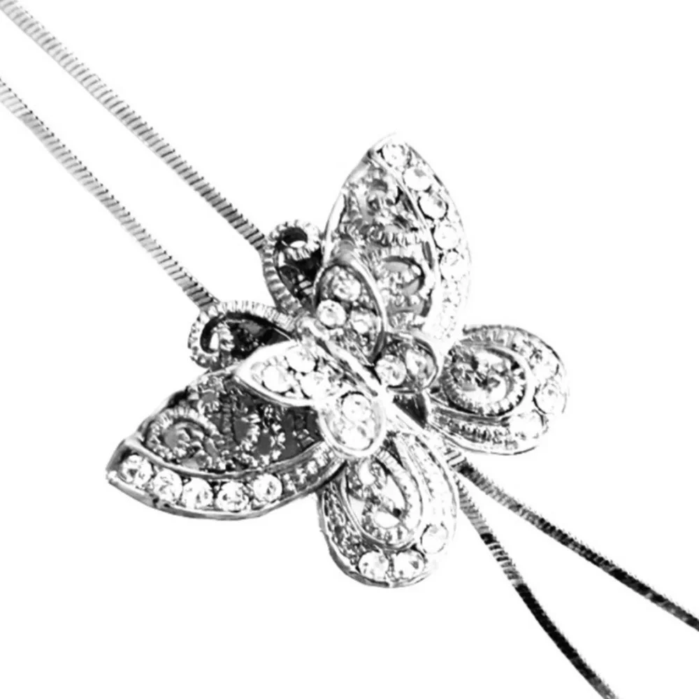 Crystal Butterfly Lariat Necklace Adjustable Silver